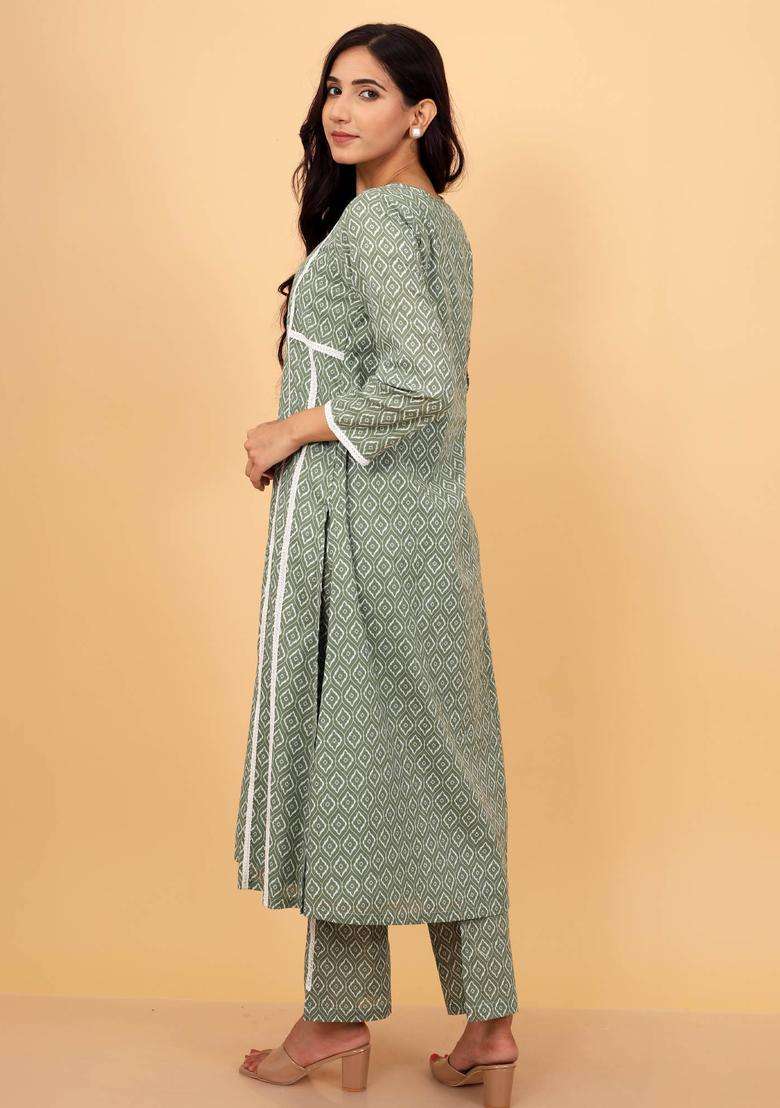 Green Effortless Printed Cotton Kurta and Pant Set of 2 for Women Casual Wear - Indya