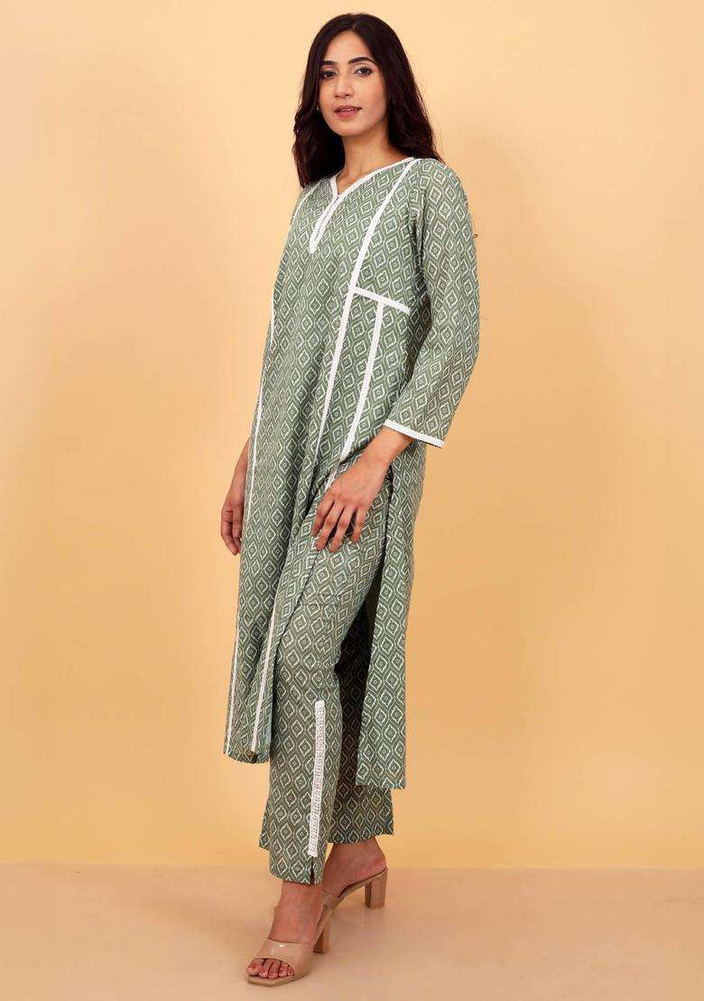 Green Effortless Printed Cotton Kurta and Pant Set of 2 for Women Casual Wear - Indya