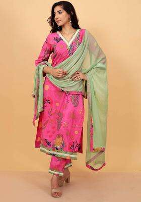 Pink Floral Cotton Kurta and Bottoms with Dupatta Ensemble Set of 3 for Women Casual Wear