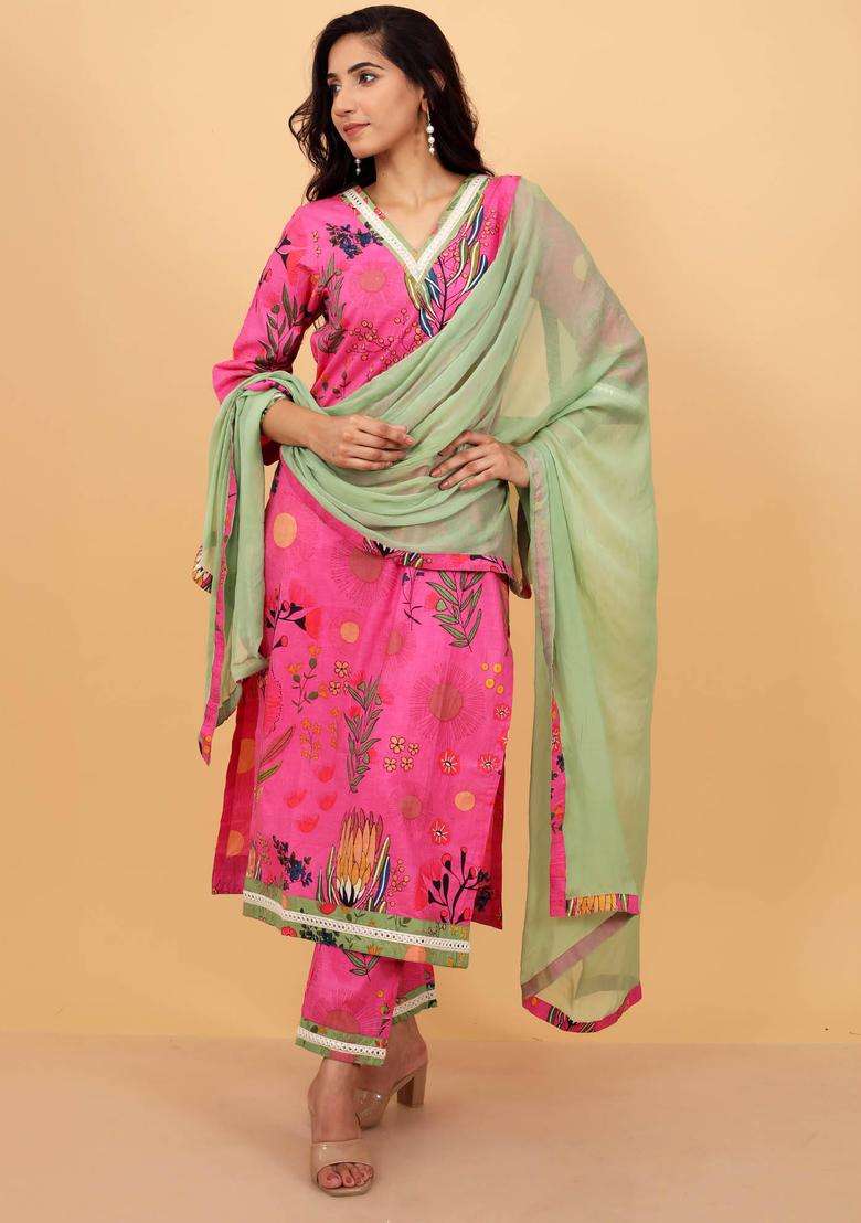 Pink Floral Cotton Kurta and Bottoms with Dupatta Ensemble Set of 3 for Women Casual Wear - Indya