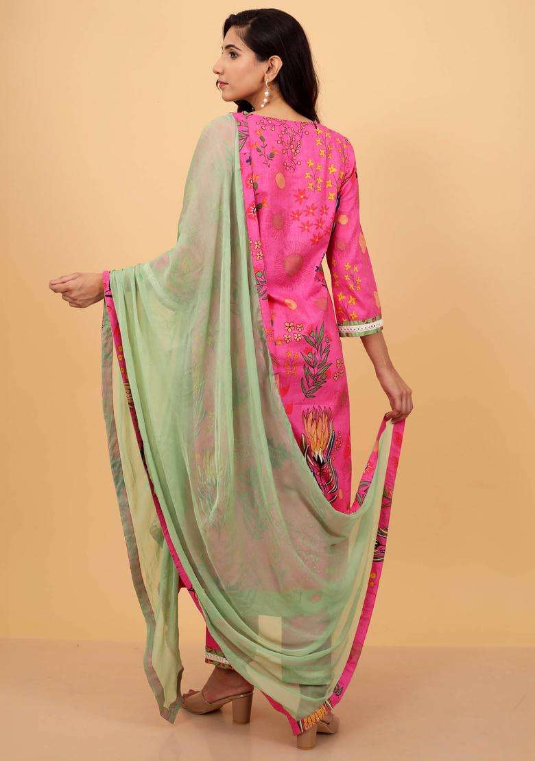 Pink Floral Cotton Kurta and Bottoms with Dupatta Ensemble Set of 3 for Women Casual Wear - Indya