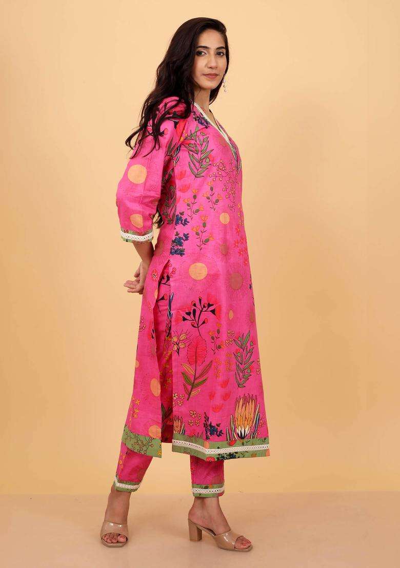 Pink Floral Cotton Kurta and Bottoms with Dupatta Ensemble Set of 3 for Women Casual Wear - Indya