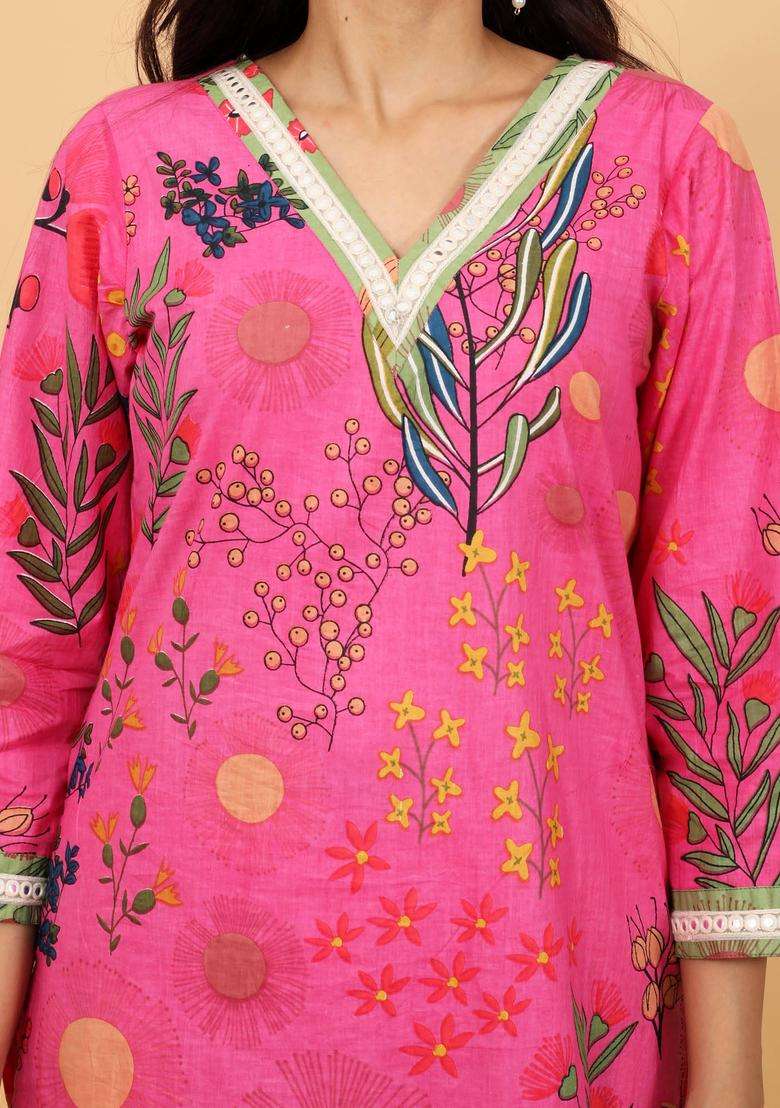 Pink Floral Cotton Kurta and Bottoms with Dupatta Ensemble Set of 3 for Women Casual Wear - Indya