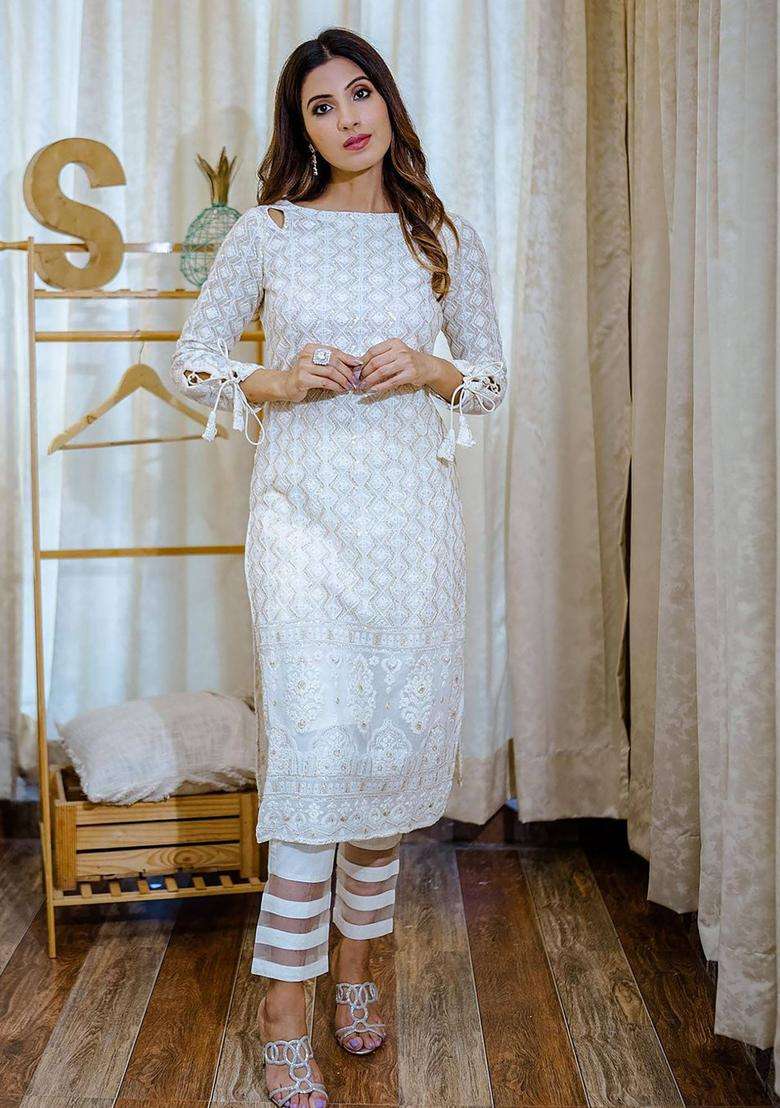 Georgette Chikankari Embroidered Off White Kurta Set for Women Festive Wear - Indya