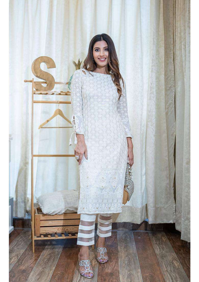 Georgette Chikankari Embroidered Off White Kurta Set for Women Festive Wear - Indya