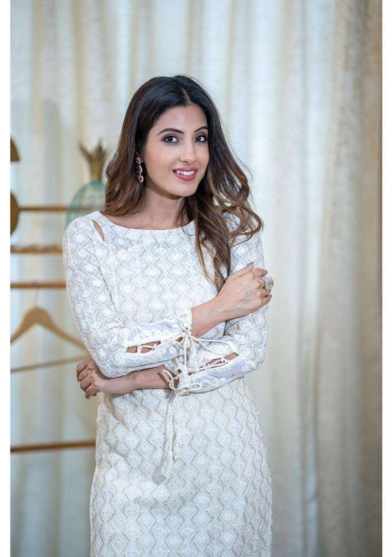 Georgette Chikankari Embroidered Off White Kurta Set for Women Festive Wear - Indya