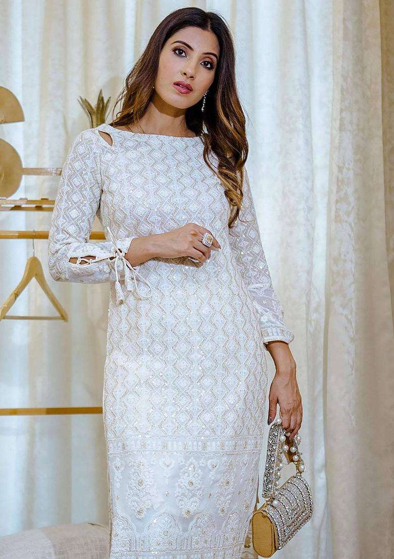 Georgette Chikankari Embroidered Off White Kurta Set for Women Festive Wear - Indya