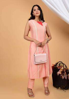 Peach Mystical Lace Infused Pure Chanderi Silk Kurta and Pant Set for Women Festive Wear