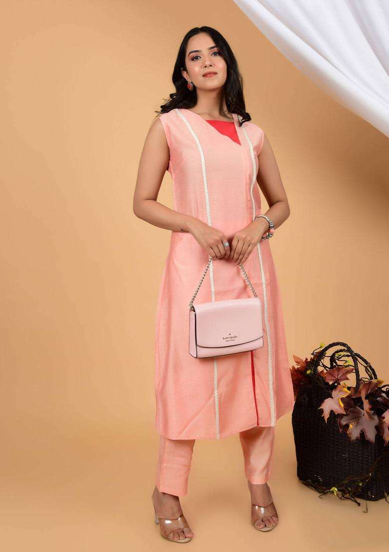 Peach Mystical Lace Infused Pure Chanderi Silk Kurta and Pant Set for Women Festive Wear - Indya