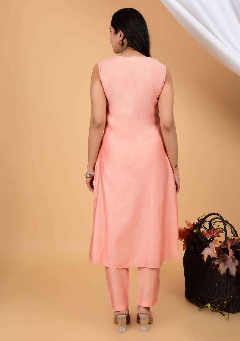 Peach Mystical Lace Infused Pure Chanderi Silk Kurta and Pant Set for Women Festive Wear - Indya