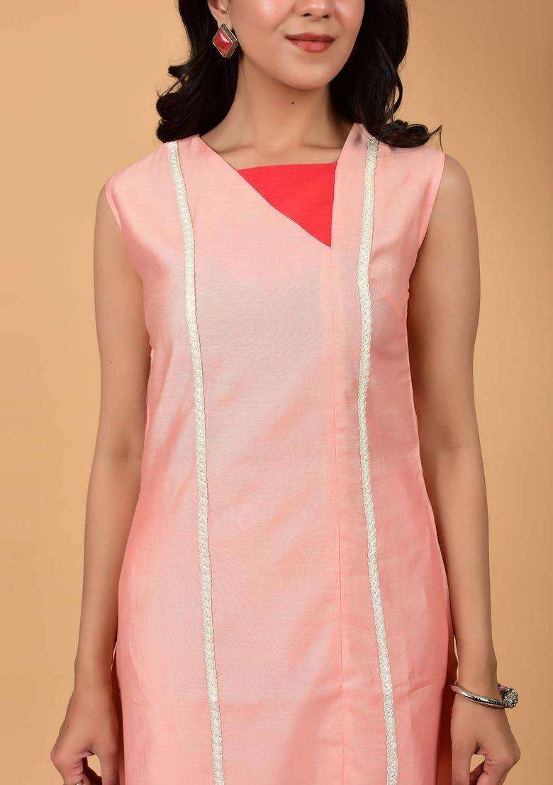 Peach Mystical Lace Infused Pure Chanderi Silk Kurta and Pant Set for Women Festive Wear - Indya