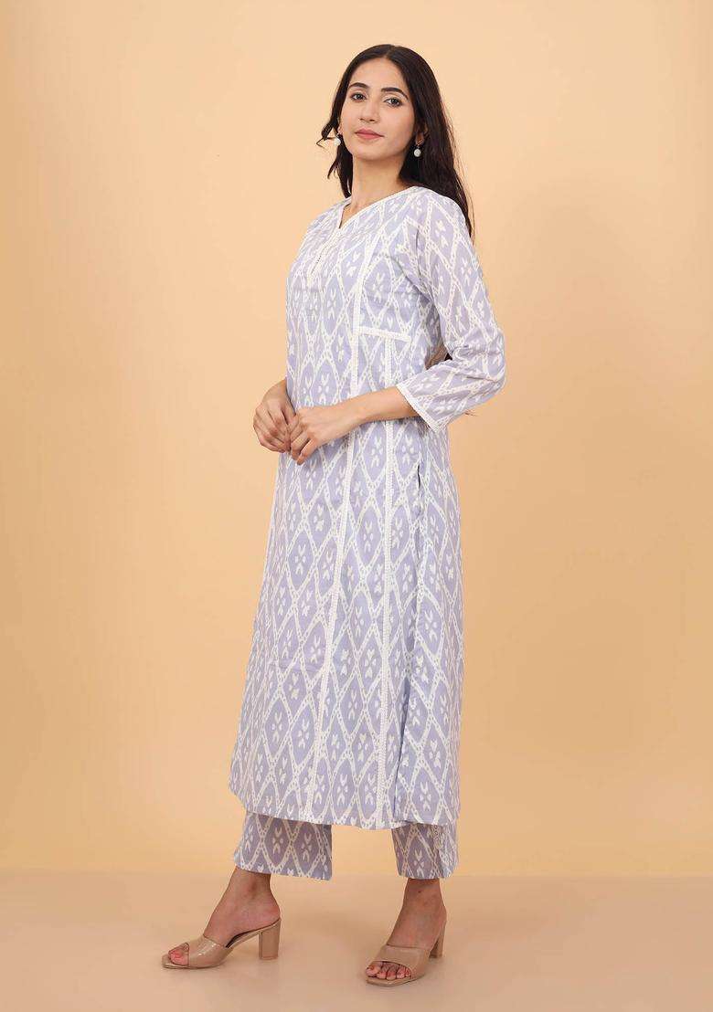 Grey Trendy Printed Cotton Kurta and Pant Set of 2 for Women Casual Wear - Indya