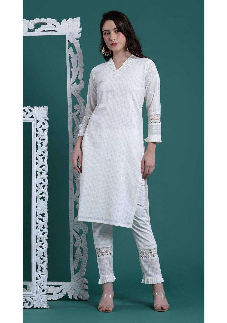 White A Line Cotton Self Design Kurta Set for Women Casual Wear - Indya