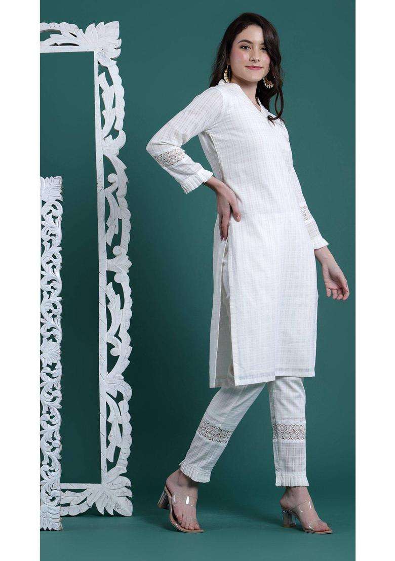 White A Line Cotton Self Design Kurta Set for Women Casual Wear - Indya