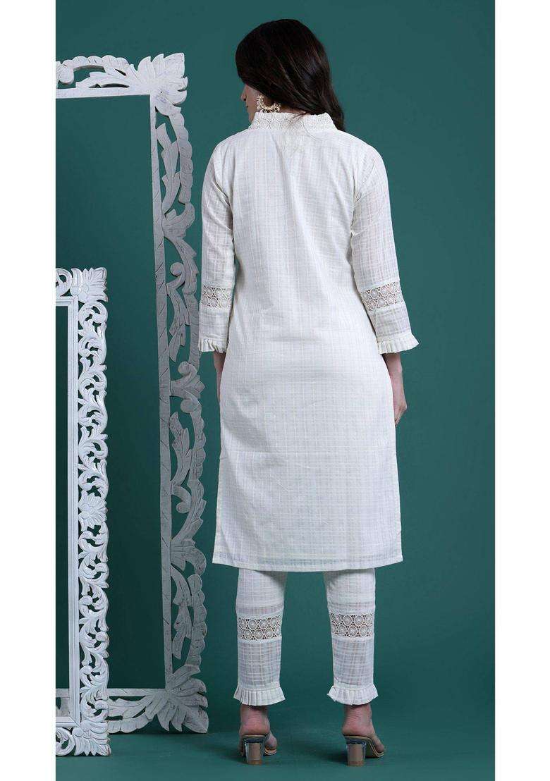 White A Line Cotton Self Design Kurta Set for Women Casual Wear - Indya
