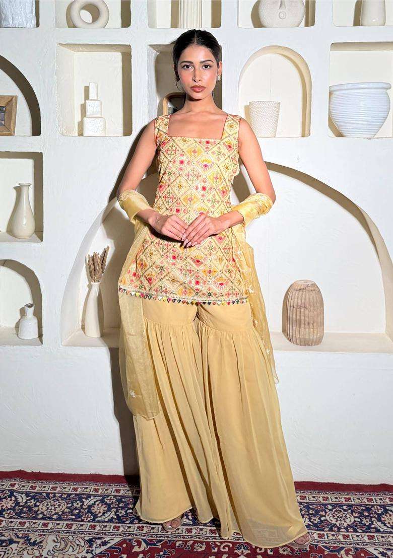 Beige Embroidered Georgette Kurta Set - Indya
