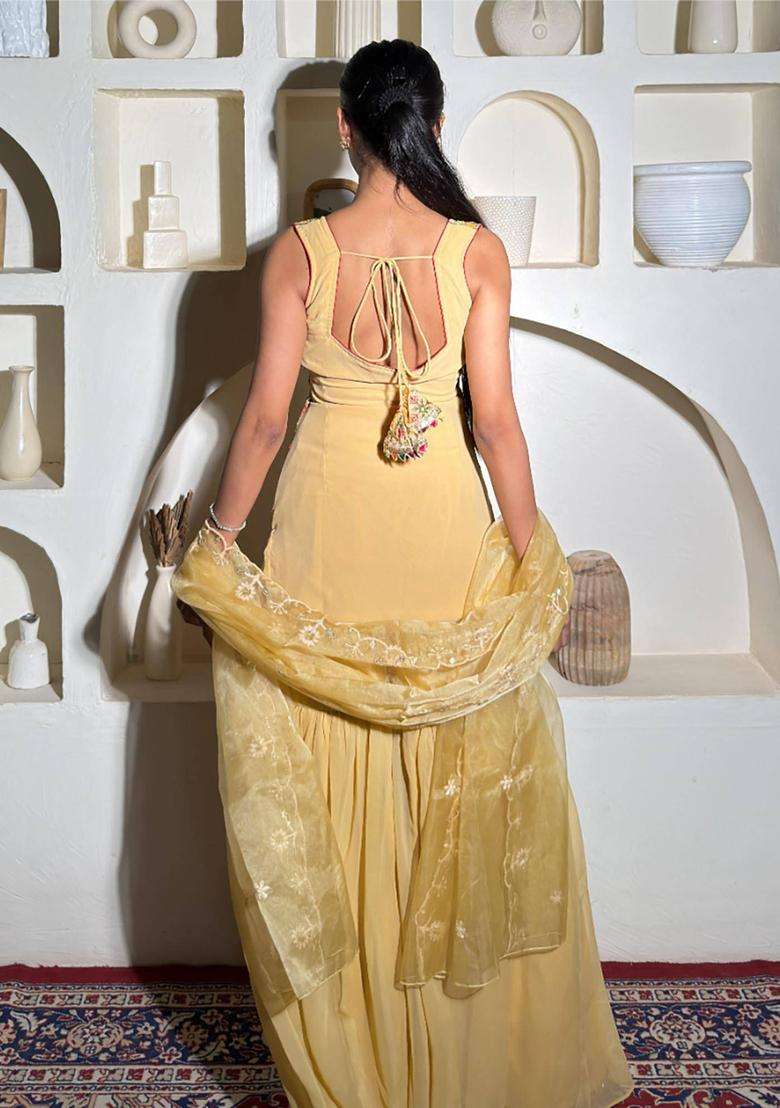 Beige Embroidered Georgette Kurta Set - Indya
