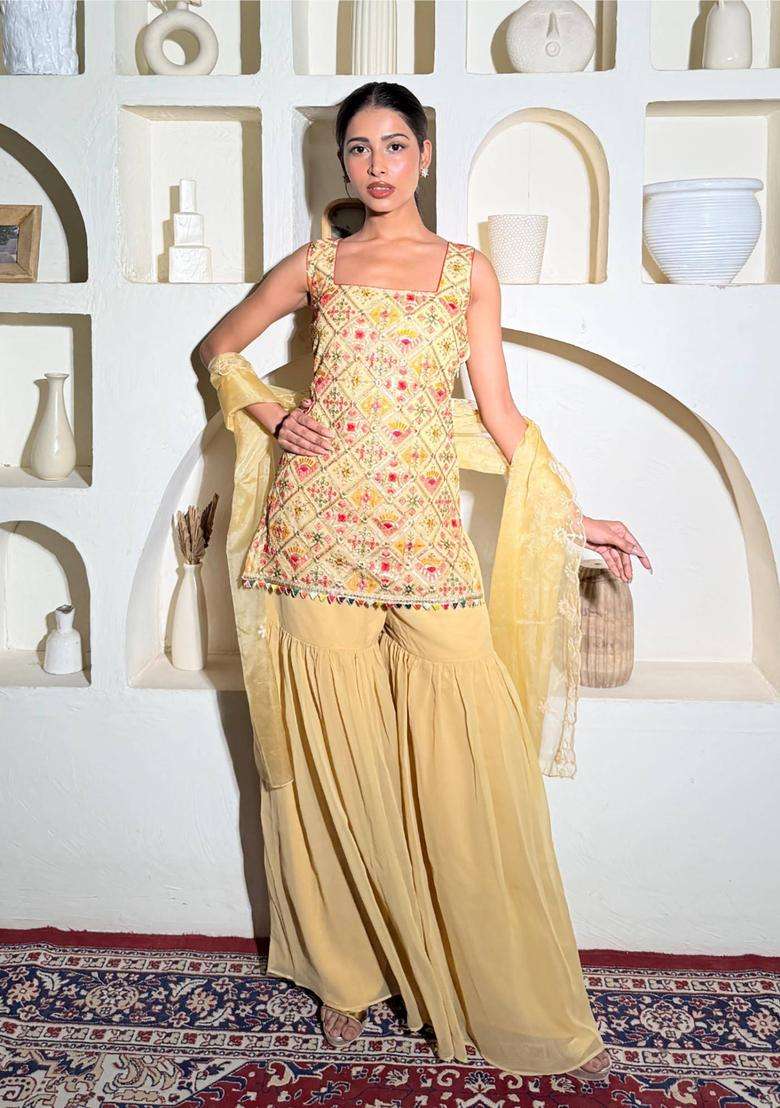 Beige Embroidered Georgette Kurta Set - Indya