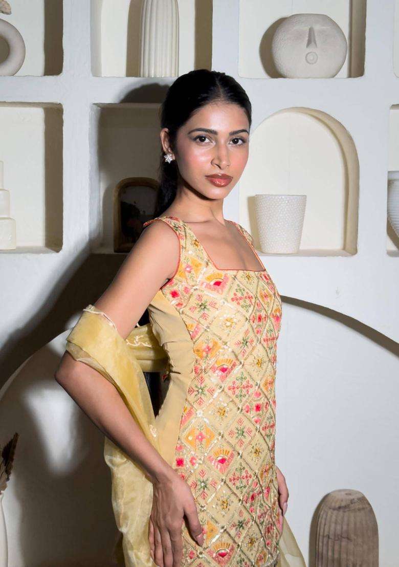 Beige Embroidered Georgette Kurta Set - Indya