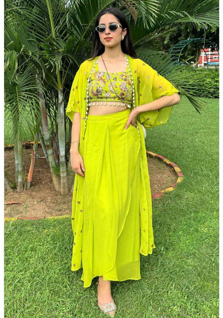 Green Embroidered Georgette Kurta Set - Indya