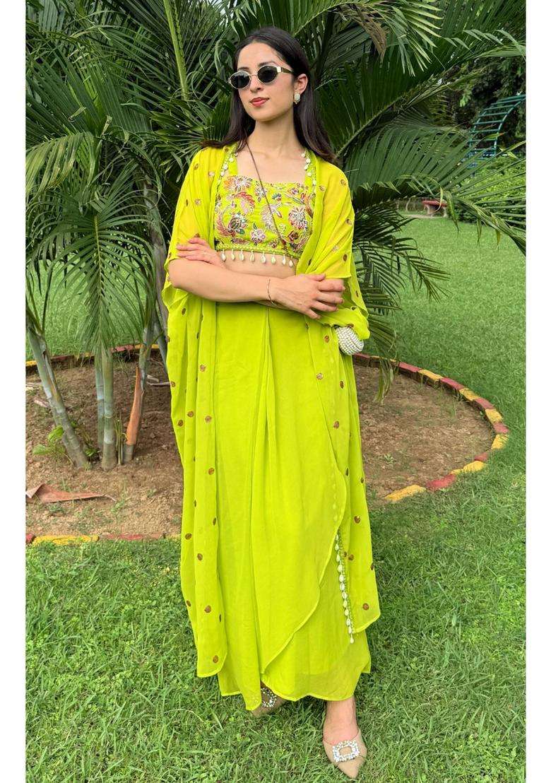 Green Embroidered Georgette Kurta Set - Indya