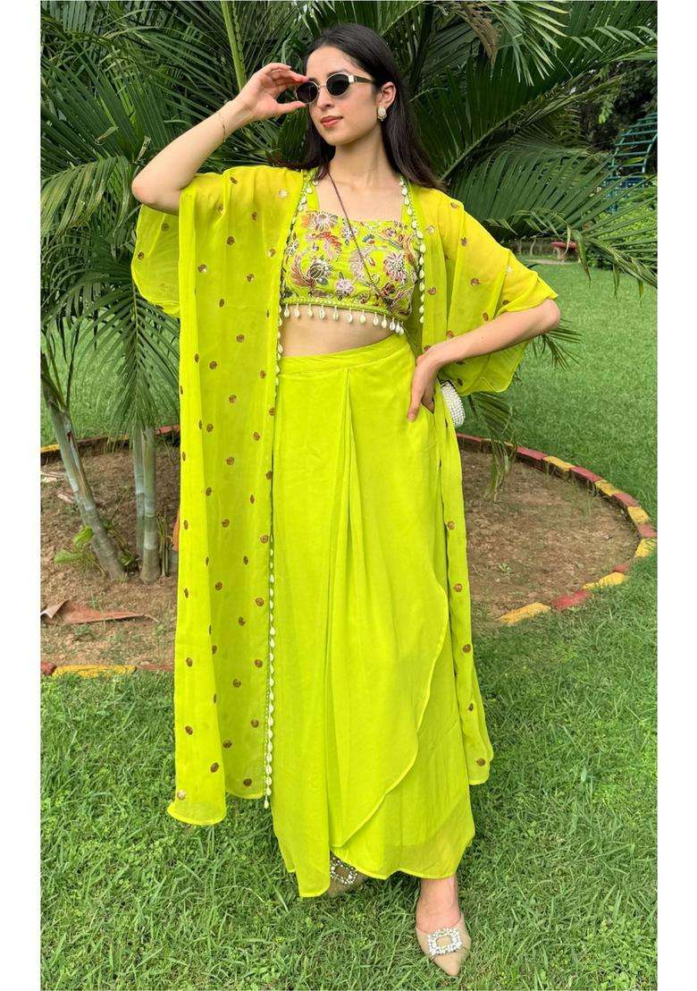Green Embroidered Georgette Kurta Set - Indya