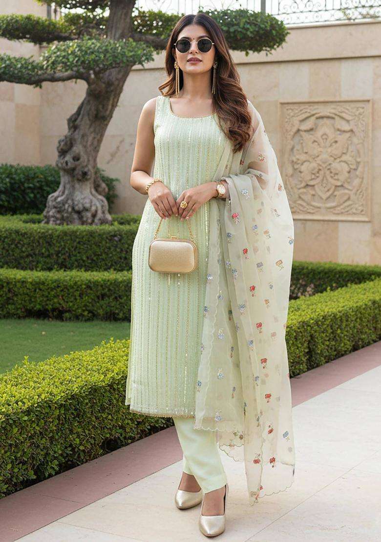Green Embroidered Georgette Kurta Set - Indya