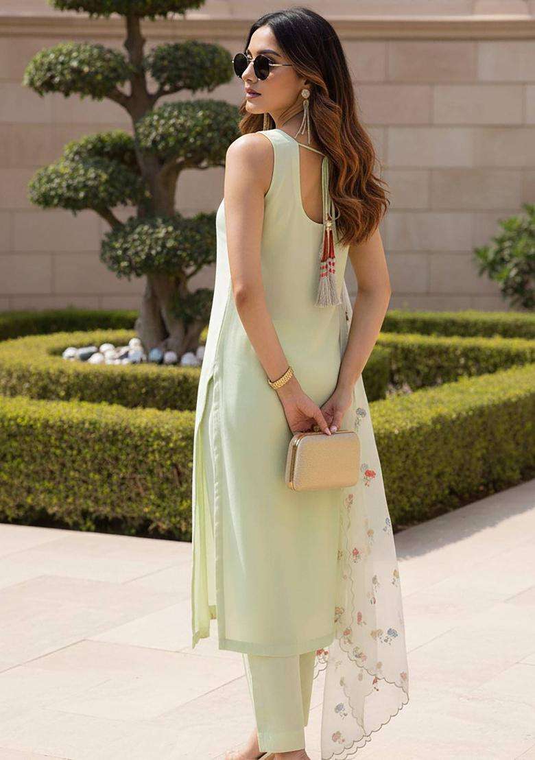 Green Embroidered Georgette Kurta Set - Indya
