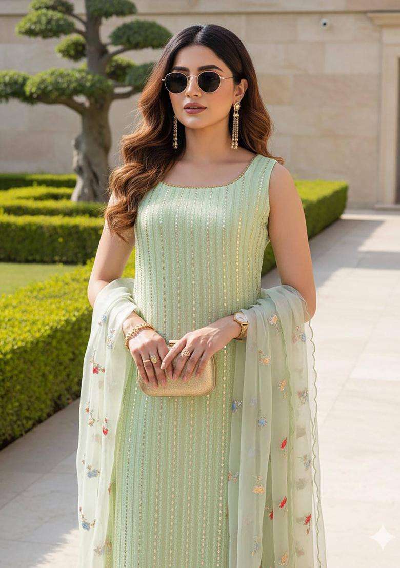 Green Embroidered Georgette Kurta Set - Indya