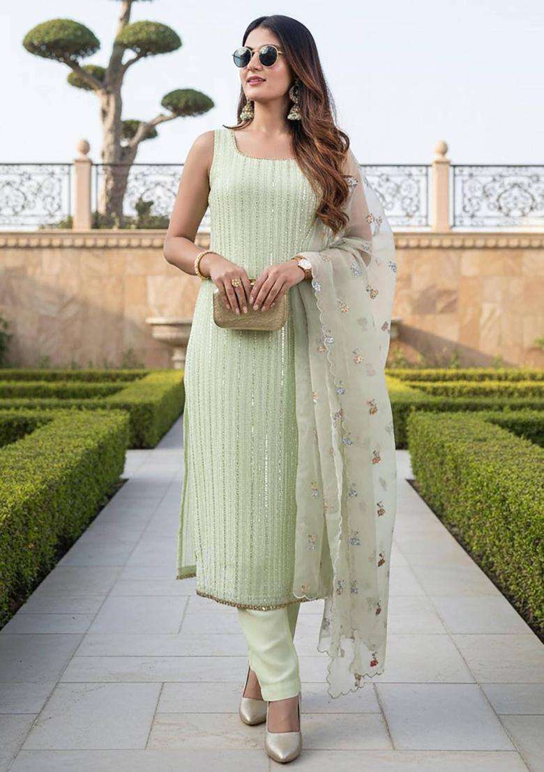 Green Embroidered Georgette Kurta Set - Indya