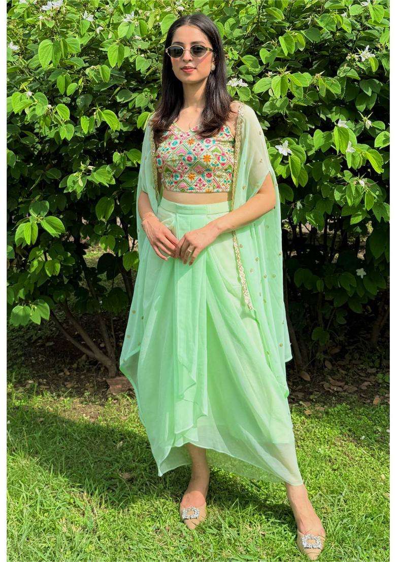 Green Embroidered Georgette Kurta Set - Indya