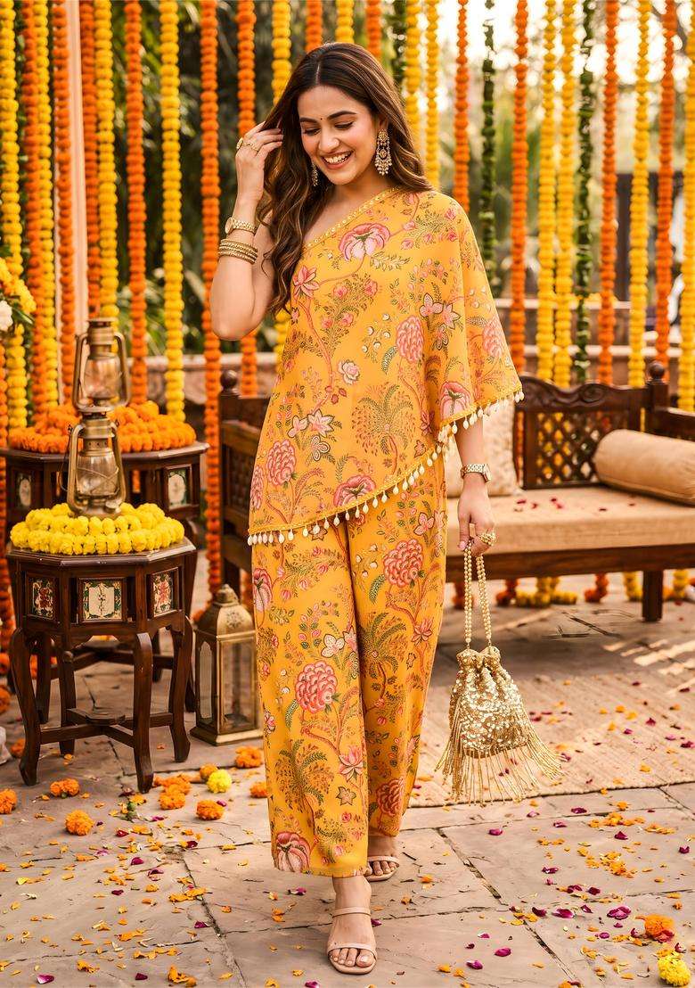 Yellow Floral Georgette Kurta Set - Indya