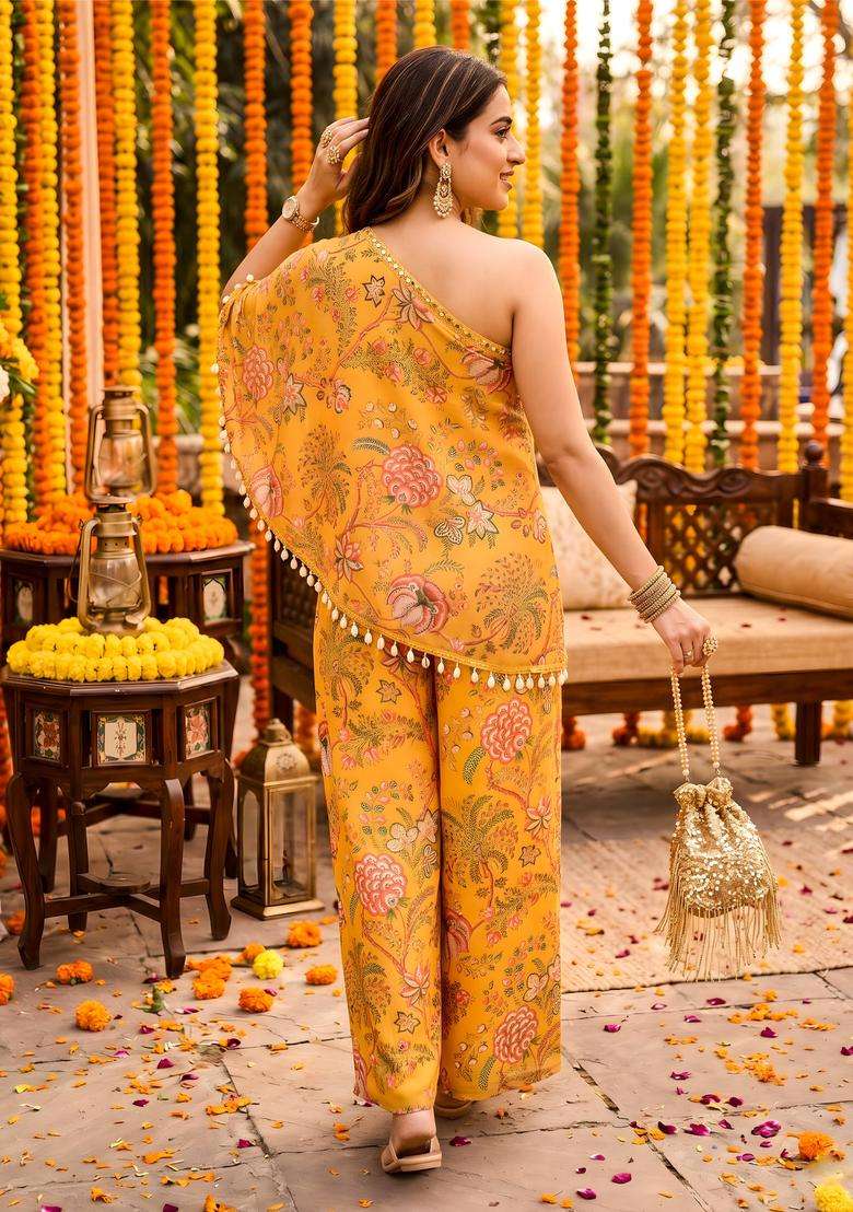 Yellow Floral Georgette Kurta Set - Indya