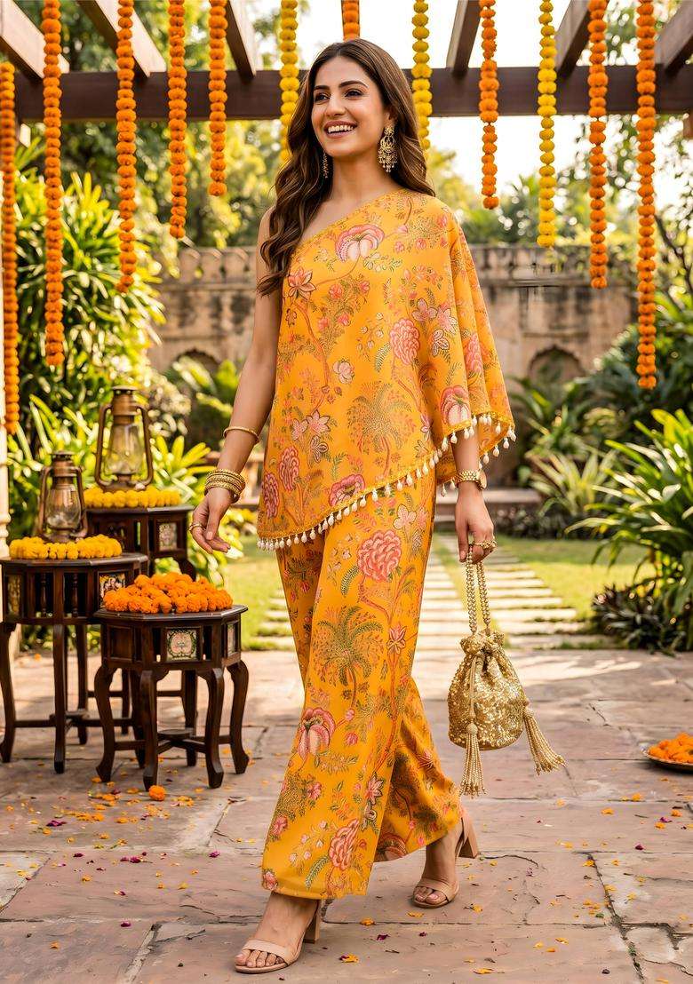Yellow Floral Georgette Kurta Set - Indya