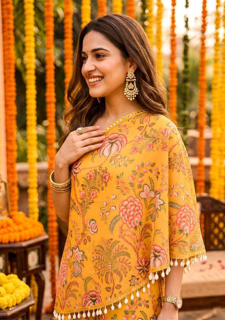 Yellow Floral Georgette Kurta Set - Indya