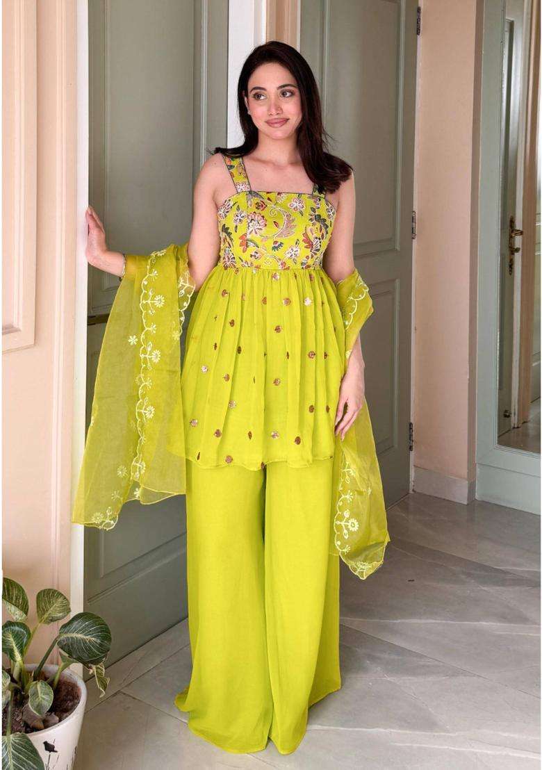 Green Embroidered Georgette Kurta Set - Indya