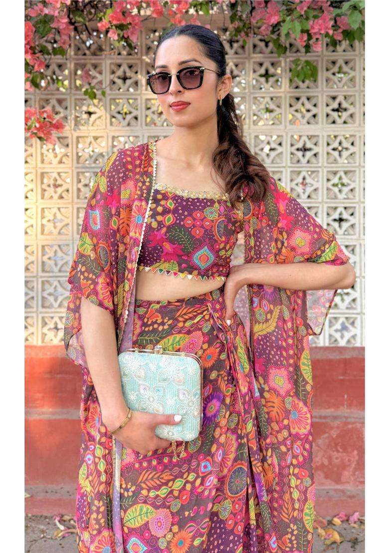 Purple Printed Georgette Kurta Set - Indya