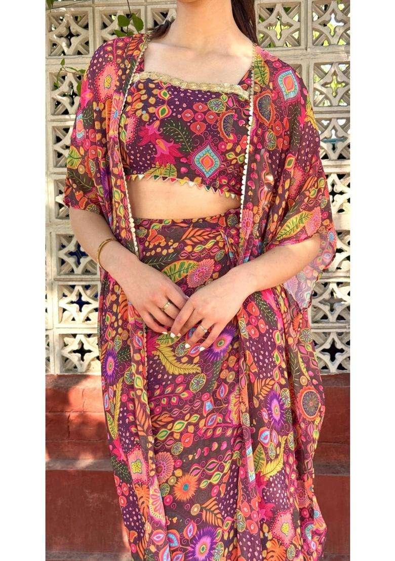 Purple Printed Georgette Kurta Set - Indya