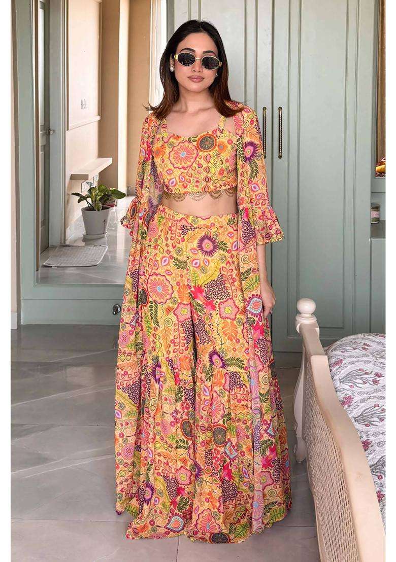 Yellow Printed Georgette Kurta Set - Indya