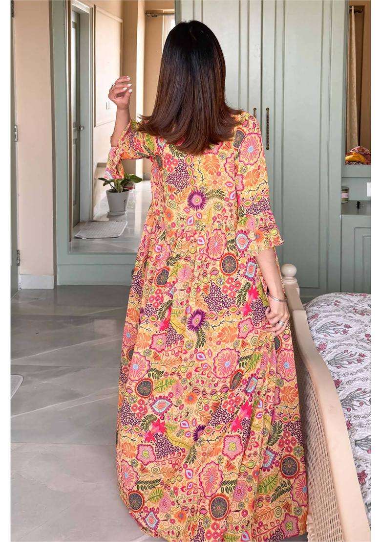 Yellow Printed Georgette Kurta Set - Indya