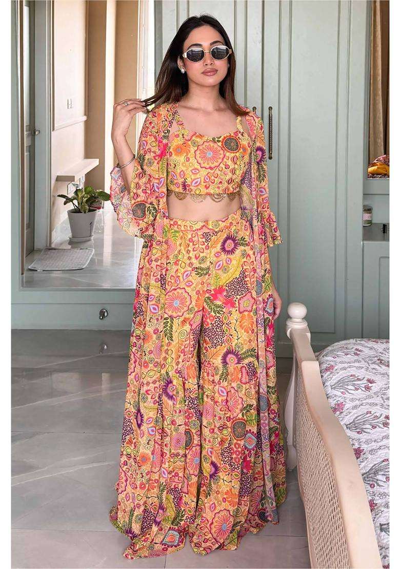 Yellow Printed Georgette Kurta Set - Indya