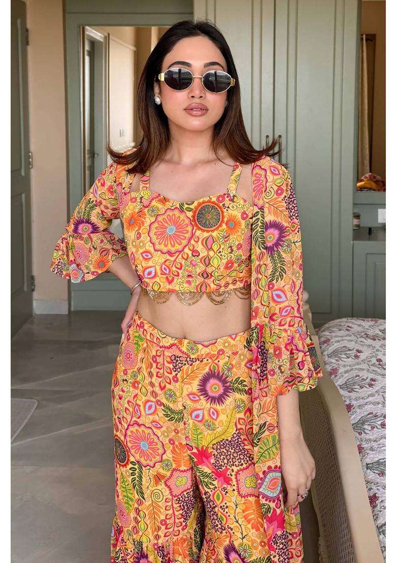Yellow Printed Georgette Kurta Set - Indya