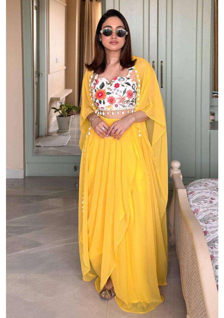 Yellow Embroidered Georgette Kurta Set - Indya