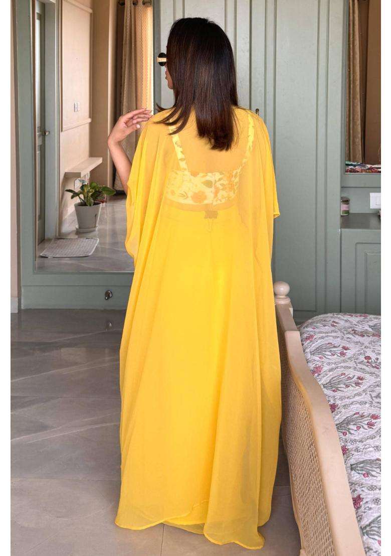 Yellow Embroidered Georgette Kurta Set - Indya