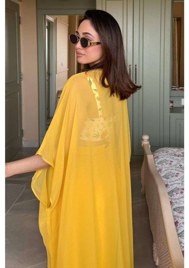 Yellow Embroidered Georgette Kurta Set - Indya