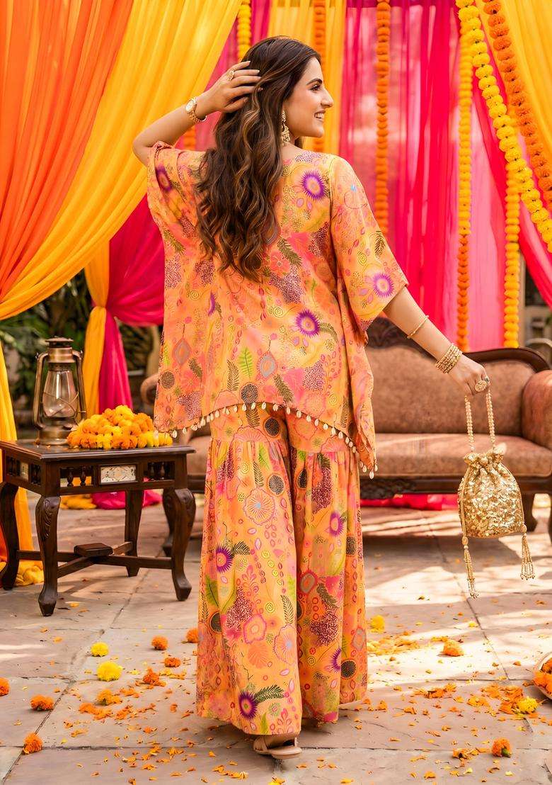 Yellow Embellished Georgette Kurta Set - Indya