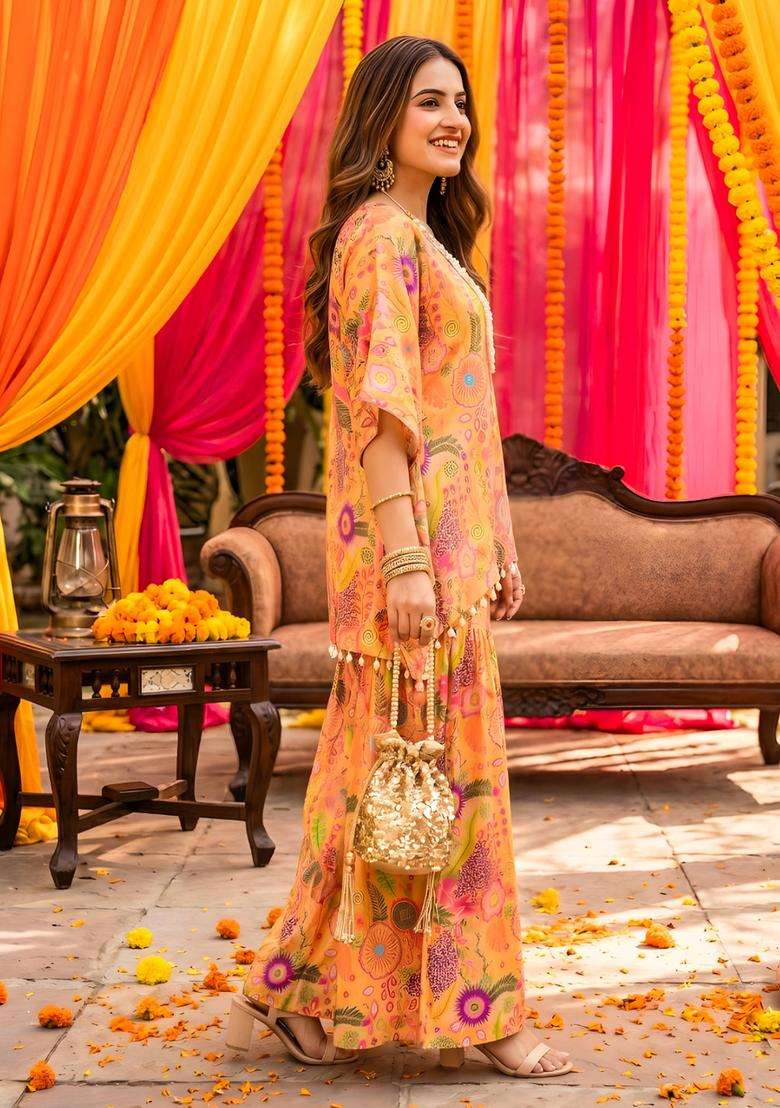 Yellow Embellished Georgette Kurta Set - Indya