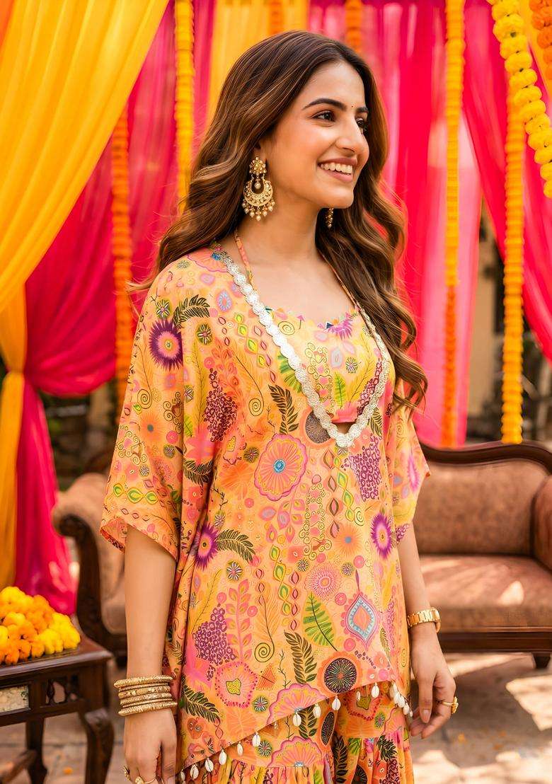 Yellow Embellished Georgette Kurta Set - Indya