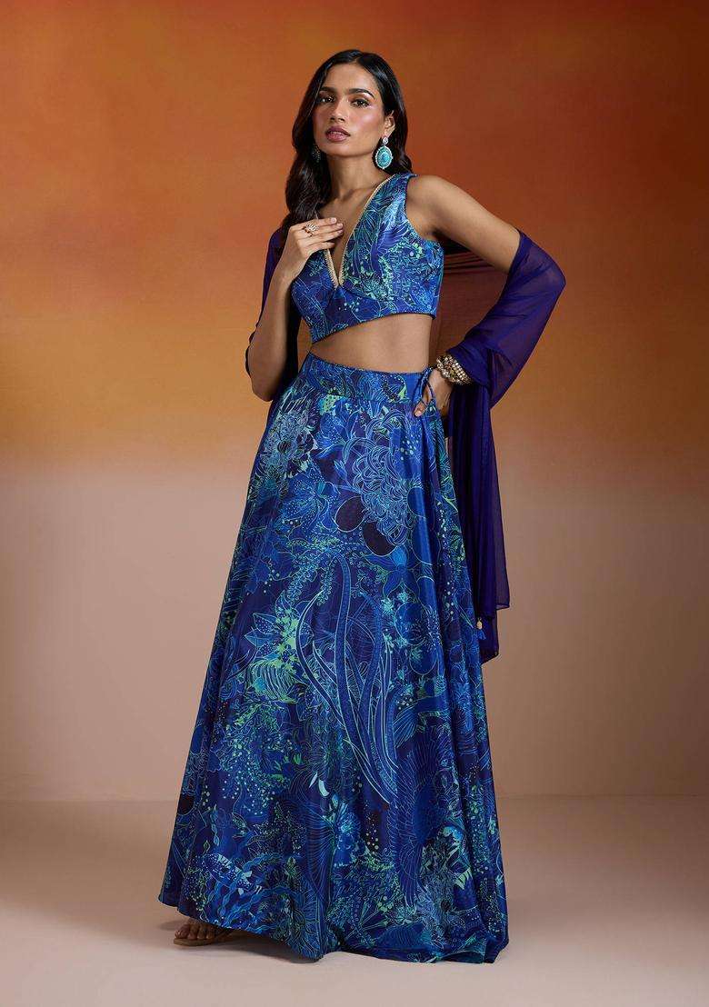 Royal Blue Crepe Printed Lehenga and Choli with Dupatta Set of 3 for Women Festive Wear - Indya