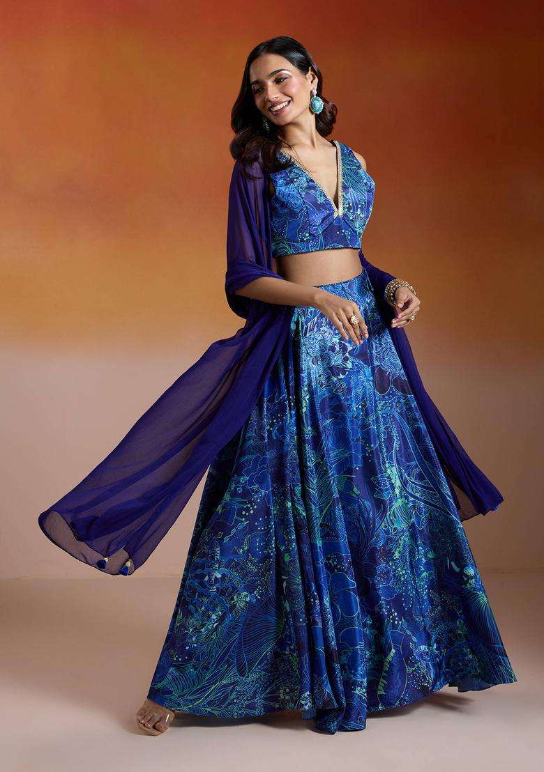 Royal Blue Crepe Printed Lehenga and Choli with Dupatta Set of 3 for Women Festive Wear - Indya